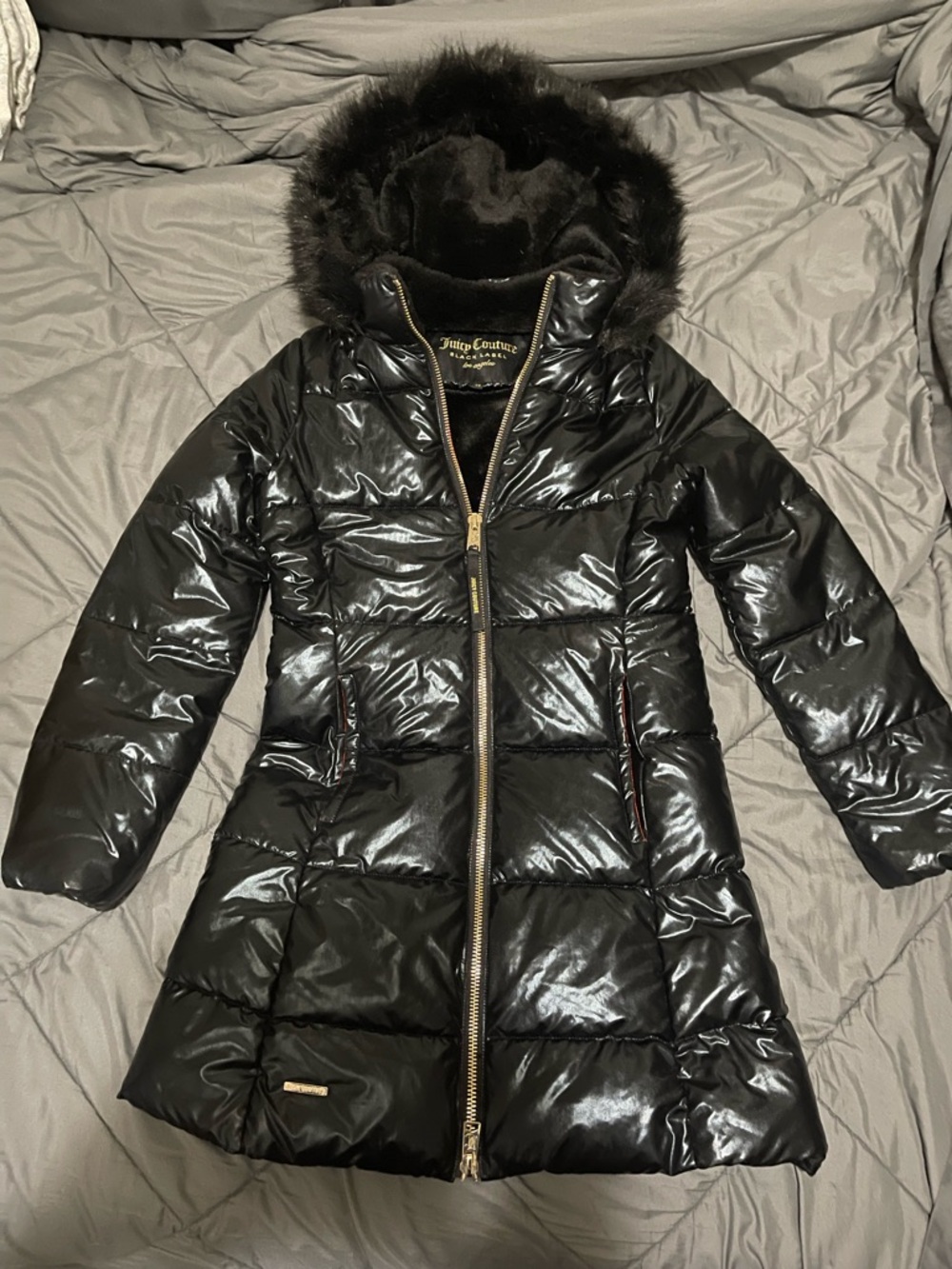 Juicy Couture Shiny Black Quilted Faux-Fur Hooded Puffer Coat